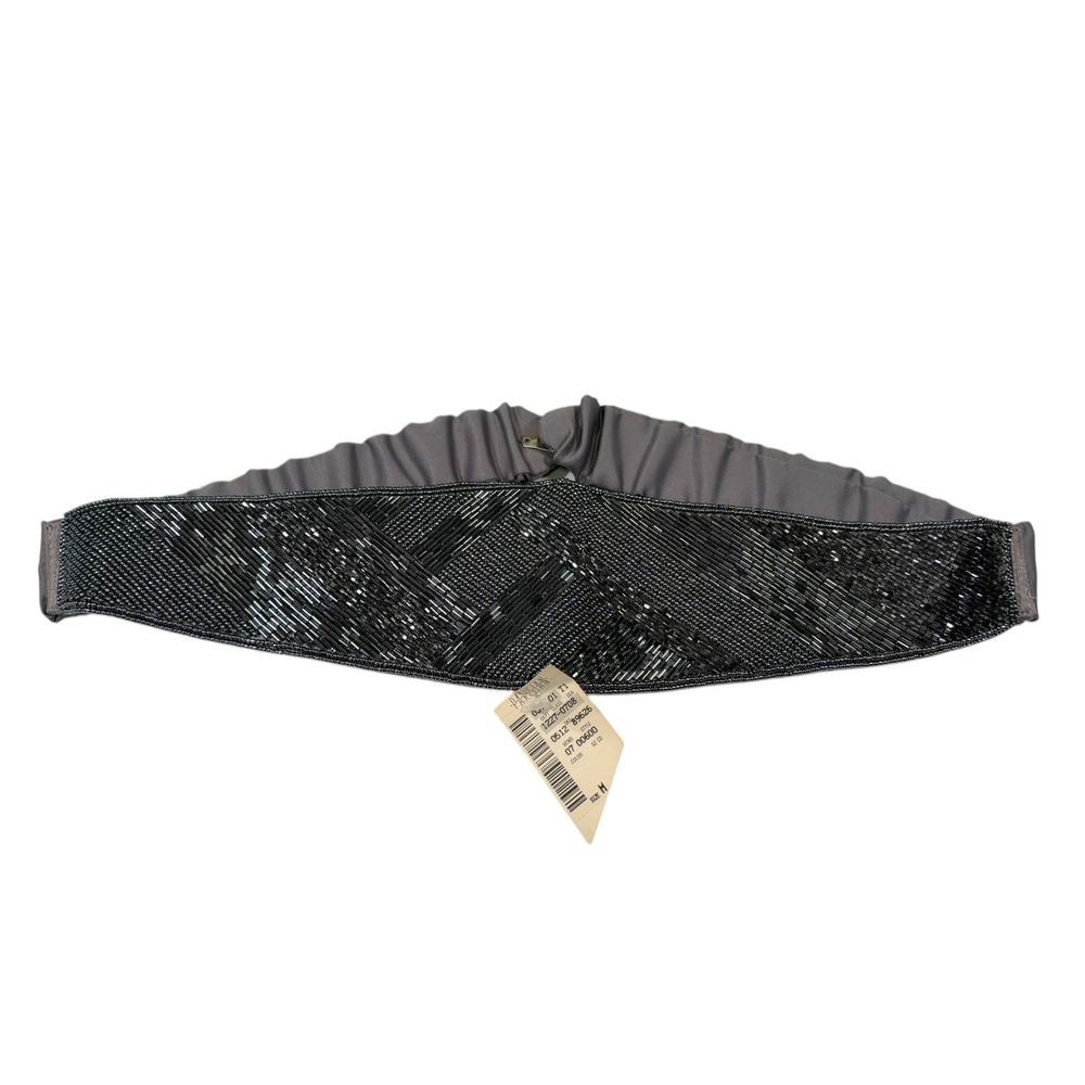 Carolyne Barton M/L Grey Beaded Elastic Waist Belt Chevron Art Deco Glam Evening